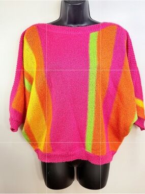 Vintage 80s John Meyer of Norwich Neon Color Block Sweater Pink Orange Lime MED